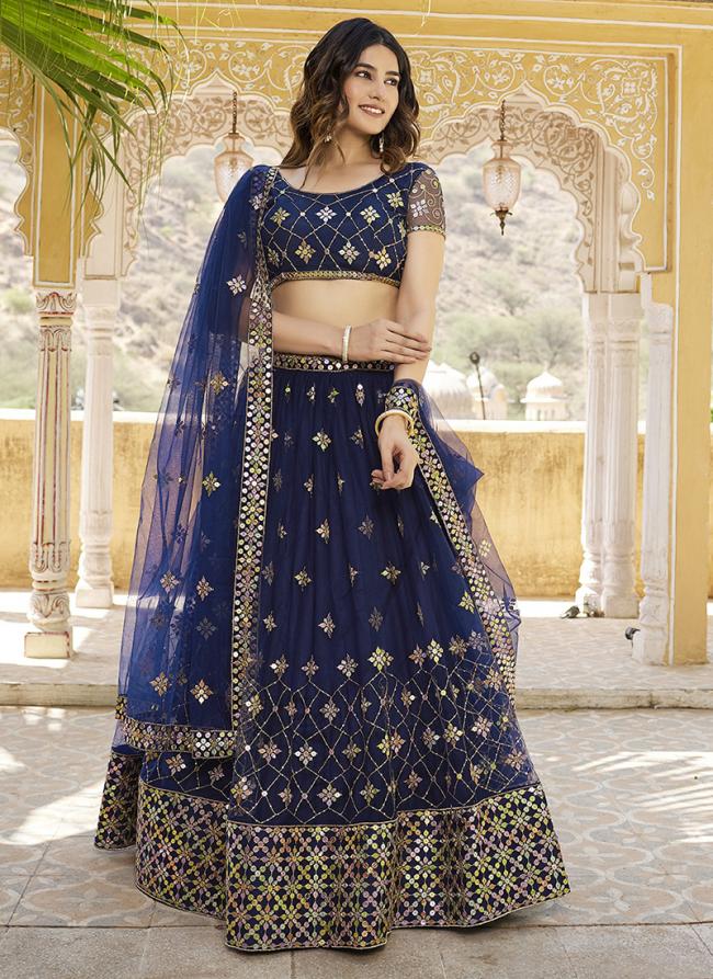 Net Navy Blue  Wedding Wear Embroidery Sequence Work Lehenga Choli